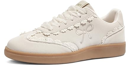 LUCKY STEP Spetsdetalj för kvinnor vardagliga sneakers organza band snörning mode vintage tuggummi sula trendiga söta skor, Benvit, 42 EU