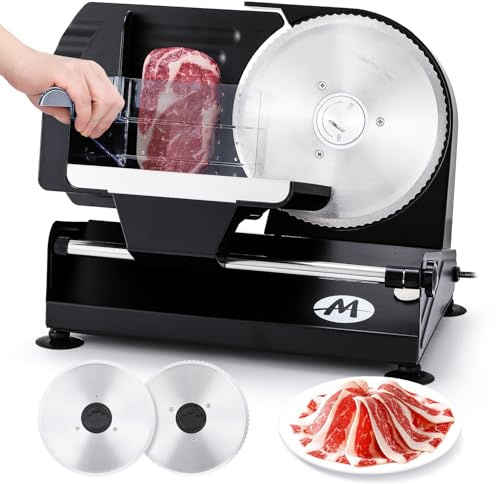 Moongiantgo Meat Slicer Electric Deli Food Slicer Bread Cutter Machine for Home Use, 1-20mm Adjustable Thickness, Dual 7.3” Removable Stainless Steel Blade for Cheese, Veg, Ham (220V)