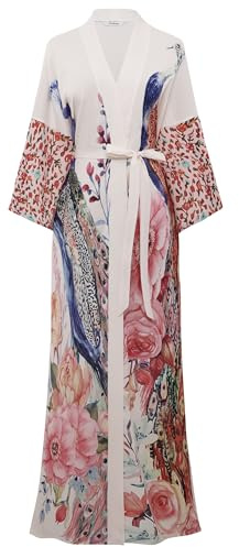 BABEYOND Robe de chambre kimono longue en mousseline de soie pour femme - Satin léger - Manches mi-longues - Coupe ample - Blanc - Taille unique