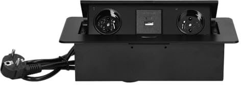 Miratic Bloc Prise Encastrable Plan de Travail 2 x P+T max. 3680 W Prise USB Encastrable avec 2 Ports A+C 2,1A et Câble 1,5 m Bord Fraisé Fin (noir)