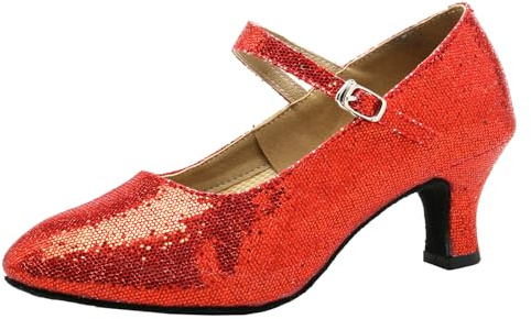 Sekiueo Damskor med glitter latinska ballroom-karaktärsskor med stängd tå fotledsrem hög klack för övningsframträdanden