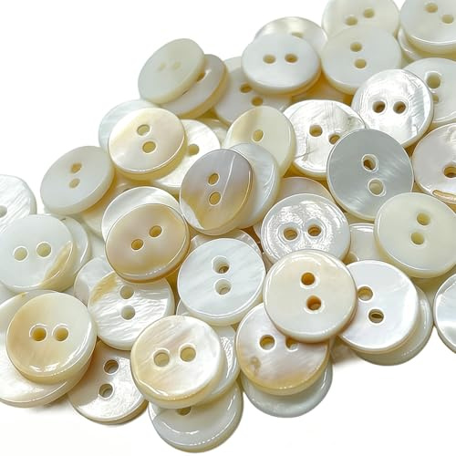 80 botones de nácar de 10 mm, color blanco, botones de concha brillantes naturales, redondos, 2 agujeros para camisas, blusas, ropa de bebé y manualidades, elegante juego de accesorios de costura para