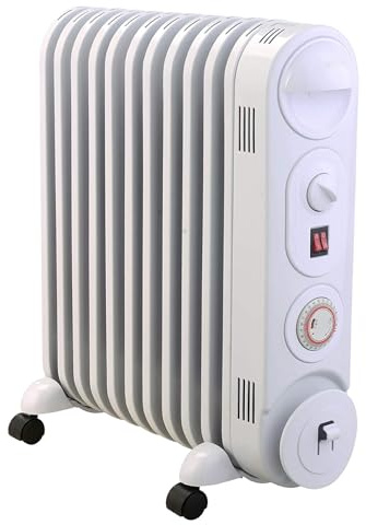 MYLEK Oil Filled Radiator Heater Electric, Portable 2.5KW White, Thermostat and 24hr Repeat Timer, 3 Heat Settings, Unique Safe Panel Fin Design (2500W White)