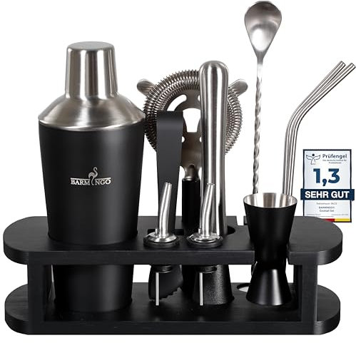 BARMINGO® Set da cocktail in acciaio inox, 11 pezzi, 700 ml, con supporto e accessori da bar, set shaker per cocktail, set da bar, set da barista, set da cocktail, set da bar, set regalo, nero e