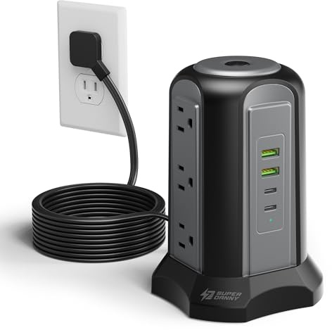 Power Strip Tower Surge Protector, SUPERDANNY Desktop Charging Station, 10 Ft Extension Cord, 9 Outlets, 4 USB Ports, 1080 Joules, 3-Prong, Grounded, Multiple Protections for Home, Office, Black