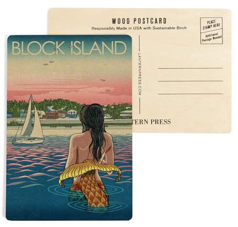 Block Island, Rhode Island, Mermaid and Beach (4x6 Birch Wood Postcards, 2-Pack Stationary, Rustic Home Wall Decor)