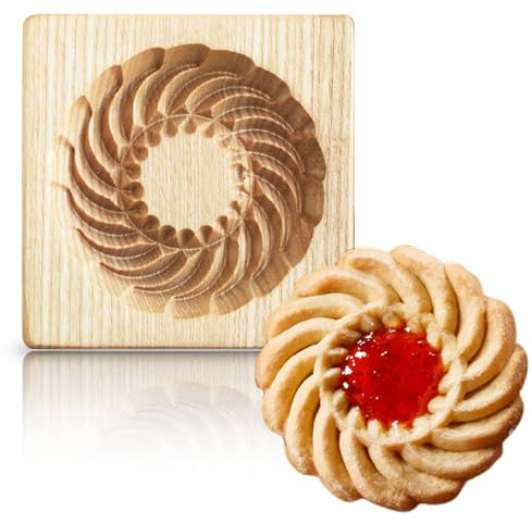 Kakform i trä och kakstämpel, 3D-präglingsverktyg för bakning av kakor, personlig handpressad design kakpressstämplar, träform till jul, halloween och Thanksgiving bakning (rund)
