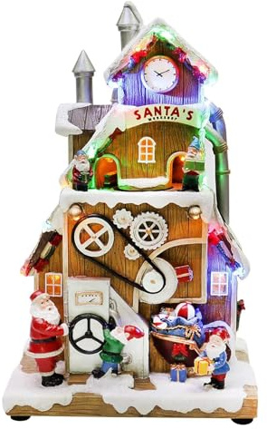 Santa’s Workshop Animated Christmas Village Moments in Time LED Lights, Music & Moving Scene Hand-Painted Polyresin Holiday Building with Adapter Christmas Home Décor Collectible