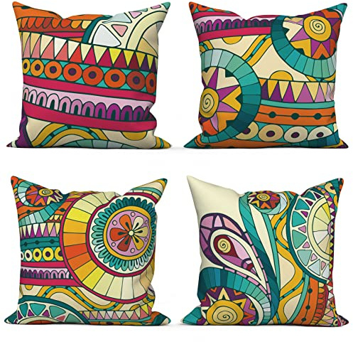 ASDCXZ Örngott boho 40 x 40 cm set om 4, retro geometriskt blommönster röd soffa dekorativa kuddfodral utomhus örngott tvättbar polyester lin textil stoppning