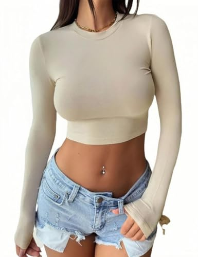 Rongseng T-Shirts à Manches Longues Femme Crop Top Sexy Slim Fit Haut Court Décontracté y2k Cropped Shirt Col Rond Basic Tee Shirt Couleur Unie Moulant Sport Chemises Mode Style Streetwear