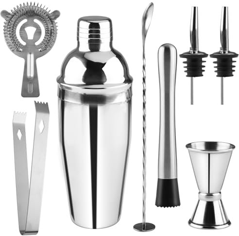 Cocktail Shaker Set, Mezzar 8 Pezzi da Kit Barman Professionale, 750Ml Attrezzatura Bar con Caffe Freddo in Acciaio Inox, Bartender Principianti con Accessori per Bar Case e Feste