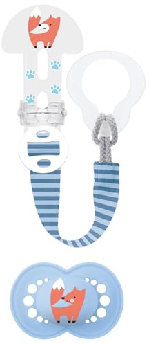 MAM | Sucette & Attache-sucette 6+ mois coloris aléatoire – Sucette anatomique et symétrique en silicone – Attache-sucette lavable de longueur réglable, compatible avec tous les types de sucettes