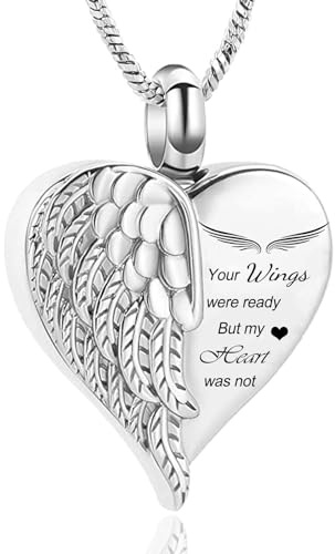 Kärlek hjärta urna halsband för aska Keepsake memorial kremering smycken rostfritt stål änglavingar hjärta urna medaljong aska hållare memorial urna smycke för människa/husdjur aska, Rostfritt stål,