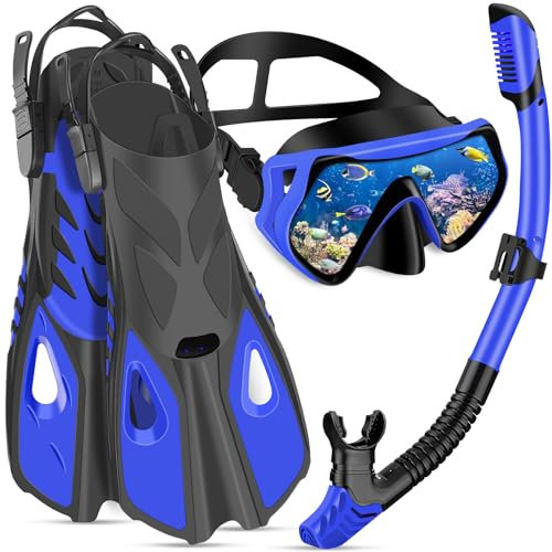IEEILULU Schnorchelset Erwachsene mit Flossen, Schnorchelmaske Set mit Antibeschlag Taucherbrille,180° Panorama Glaslinse, Verstellbaren Flossen & Tragetasche für Schnorcheln Tauchen (Blue-L/XL)