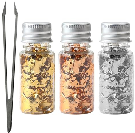 Hugfads Set Foglie d'oro, Argento e Oro Rosa Commestibili - 3 Bottiglie di Fogli Metallici per Decorazioni in Cucina, Casa, Pasticceria, Torte, Unghie e Creazioni Artigianali