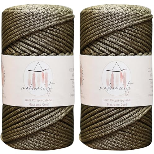 Makromecity, 2 Skeins of Polyester Macrame Cord 3mm x 131 Yards (394 feet) 3mm Polypropylene Olive Drab Macrame Cord Crochet Macrame Bag Cord Crafts for Wall Hangings, Bags, Underplate, Rug