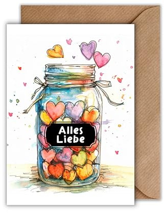 WBdesignz Geburtstagskarte mit Umschlag - Schöne Glückwunschkarte “Alles Liebe!” Geschenkkarte zum Geburtstag Herzliche Happy Birthday Karte Glas mit Herzen (DIN A6)