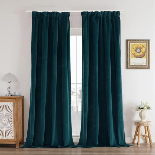 Joydeco Rideau Velours Bleu Vert avec Galon Fronceur 140x240 CM 2 Pièces pour Rail et Passe Tringle, Rideau Occultant Thermique Anti Froid avec Revêtement 100% Anti-Lumineux, Épais Lourd 330g/m²