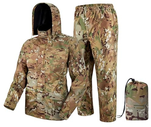 Fousam Traje de lluvia, equipo de lluvia para hombre, impermeable, chaqueta de lluvia de camuflaje, abrigo de lluvia ligero para pesca, caza, motociclismo, senderismo, viajes, XL