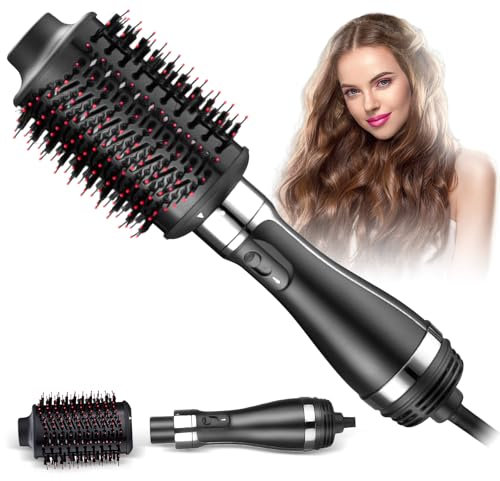 Journeyside Spazzola Asciugacapelli per Capelli, 4-IN-1 Spazzola ad Aria Calda Professionale Grande,One-Step Spazzola Asciugacapelli e Volumizzante con 3 Temp, per Asciuga, Liscia e Volumizza, Nero