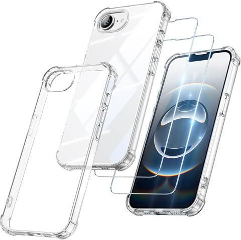 FLLAO 3 in 1 Cover per iPhone 16e / iPhone 17e con 2 Pellicola Vetro Temperato, [Protezione Antiurto Militare] Antishock Custodia per iPhone 16e 6.1, Trasparente