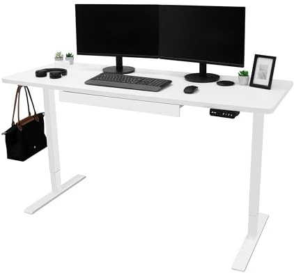 Electric Standing Desk 160cm x 60cm White Height Adjustable Ergonomic Sit to Stand Computer Workstation Built In Drawer USB A & C Charging Cable Holes & Tray Bag Hook Office Table Memory Smart Panel