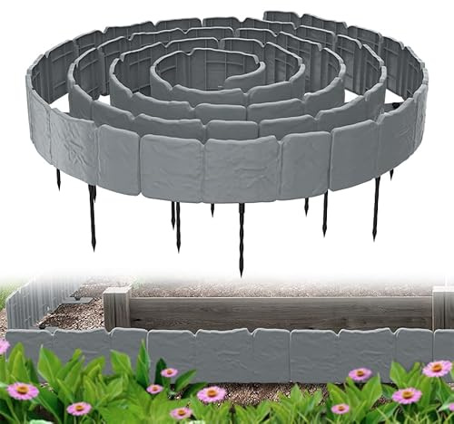 Aufun 40 Stück Rasenkante Beeteinfassung in Steinoptik mit 40 Erdanker, 10 m Beetumrandung Mähkante Randsteine aus Kunststoff, Gartenpalisade Gartenzaun für Garten Border Blumenbeet, Grau