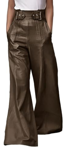 CHARTOU Women High Waist PU Faux Leather Pants Baggy Wide Leg Flare Pants Casual Bell Bottoms Trouser (Small,Brown)