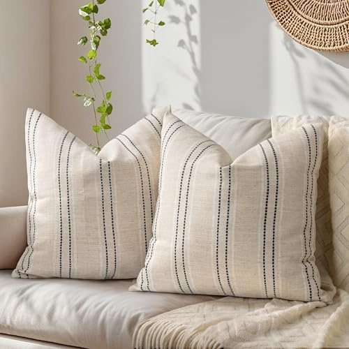 Tone Link. 20x20 Inch Farmhouse Throw Pillow Covers, Set of 2 Textured Pillowcase, Beige with White & Black Stripe Cushion Cover for Sofa Living Room (Cover ONLY)