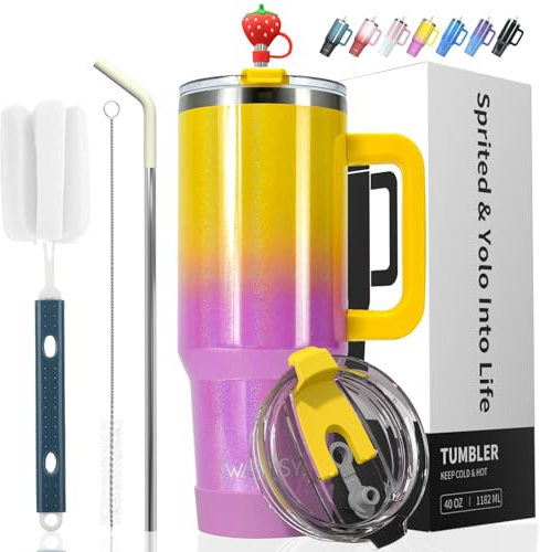 WATERSY Travel Mug Coffee Cup 30oz Tumbler Straw Lid and Handle, Stainless Steel Double Wall Vacuum Insulated Coffee Water Bottle Thermal for Cold Hot Coffee 891ml Shiny Yellow