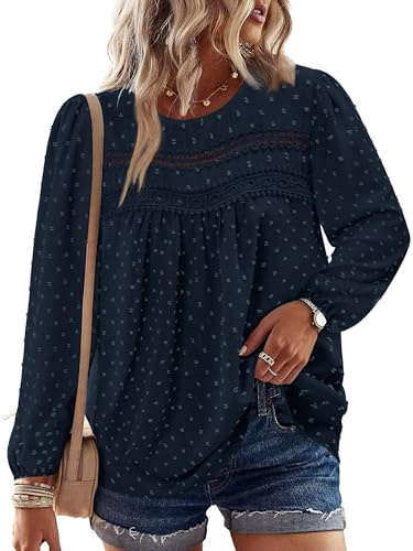CHICZONE Women's Long Sleeve Chiffon Blouses Crew Neck Lace Hem Tunic Tops for Leggings Casual T-Shirts