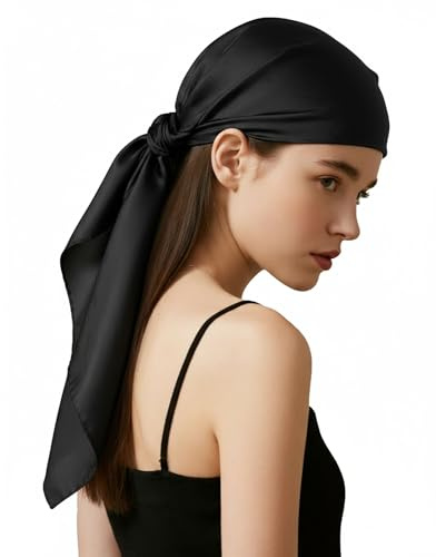 Fmeida Silk-Like Satin Head Scarf 90cm Square Bandanas for Women Fashion Hair Accessories with Gift-Ready Packaging & Greeting Card, Black