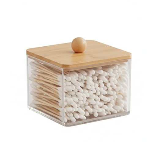 VIPTUVI Cotton Swab Holder with Bamboo Lid, Clear PS Plastic Qtip Container, Single Layer Bathroom Countertop Organizer for Cotton Balls & Pads, Vanity Storage, Dorm Room Essentials, Small Space Decor