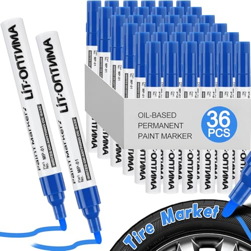Boao 36 Pcs Color Tire Marker Lettering Paint Pen Drawing Tool Quick Waterproof Dry Automotive Motorcycle Care for Tire Wood Rock Fabric Glass Ceramic Metal Plastic(Blue)
