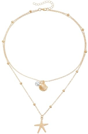 Shell Layered Necklaces for Women Alloy Metal Imitation Pearl Layered Necklace Set Beach Style Gold Versatile Starfish Charm Necklace Adjustable for Beach Vacations, Weddings, Parties,Everyday Wear