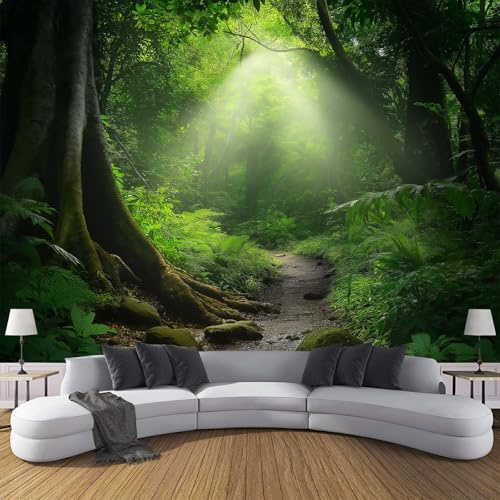Carta Da Parati Murale Bellezza naturale 3D, Per Camera Da Letto, Soggiorno, Decorazione Domestica, 400 x 280 cm Murale Foresta di sole Decorazione Poster Da Parete,Blu-verde