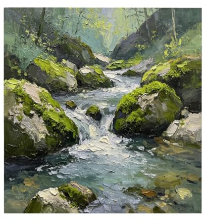 Cuadro De Pared Texturizado Pintado A Mano con Diseño De Arroyo En Un Bosque Verde. Paisaje Natural Salvaje. Pintura Al Óleo Sobre Lienzo. Obra De Arte Que Crea Un Ambiente Relajante para La Decor