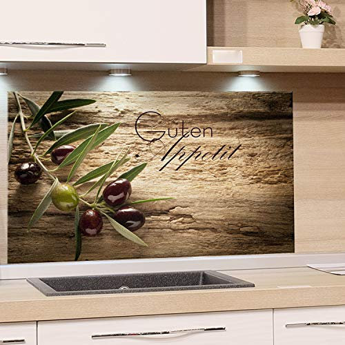 GRAZDesign Spritzschutz Glas für Küche, Herd Olivenzweig mit Guten Appetit Küchenrückwand Glasrückwand 60x60cm