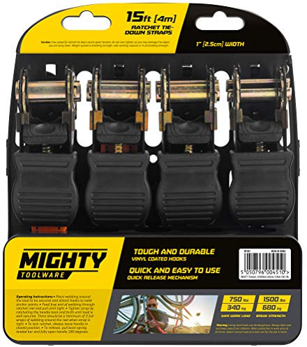 Mighty Toolware 4pc Ratchet Tie Down Cargo Straps 1 25mm Wide 15ft / 4.5M Lashing Truck Trailer Car
