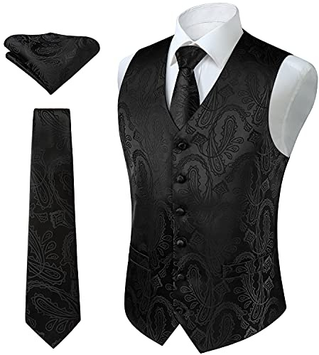 Enlision, Men's Paisley Floral Wedding Party Jacquard Waistcoat&Necktie and Pocket Square Vest Suit Set, Black, 2XL(Chest size 51)