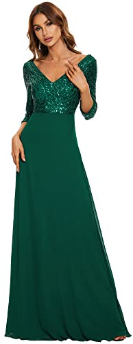 Ever-Pretty Vestiti da Sera Elegante Manica Lunga Scollo a V con Paillettes Linea ad A Chiffon Donna Verde Scuro 46