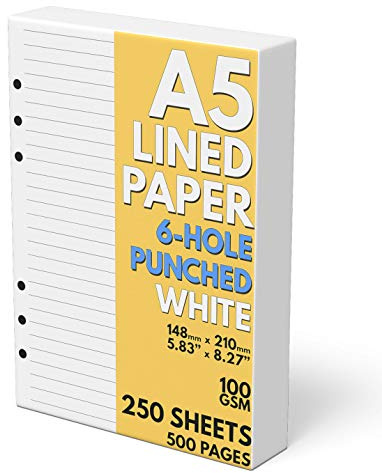 A5 Lined Paper 6-Hole Punched, 250 Sheets (500 Pages), 100 GSM, A5 Binder Refill, 6-Ring Binder Inserts