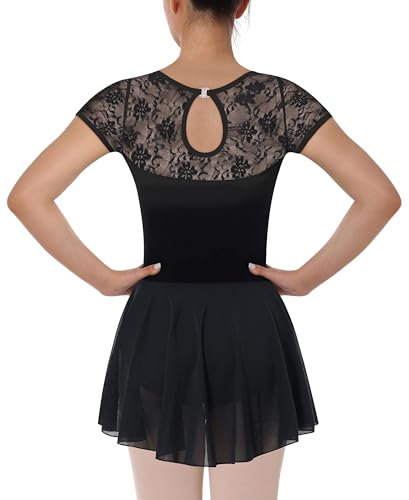 Mulnall Damen Tanz Ballett Trikot mit Rock Erwachsene Spitze Kurzarm Ballettkleidung Ballerina Dancewear(7027-06-S)