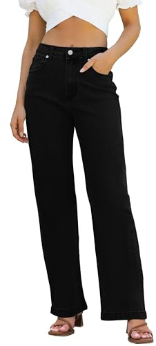 ETTELO Jeans para mujer, cintura media, pierna recta, sueltos, elásticos, ligeros, control de abdomen, jeans de moda para mujer 2024, Negro -, 18 US