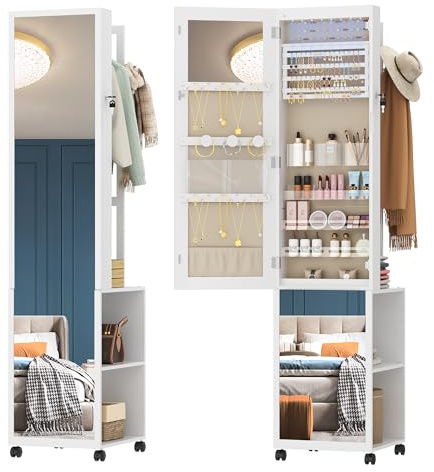 Hzuaneri 8 LEDs Jewelry Cabinet Armoire, 66.9-inch Jewelry Organizer with Garment Rack, Lockable Full-length Mirror with 4 Wheels, Storage Shelves with Hooks, 5-in-1, White and Beige JC17003BE