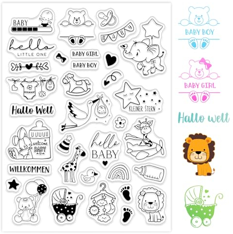 BETESSIN Silikon Stempel Baby Clear Hello Baby Klare Set Stempelmotive Clear Stamps Babyparty Sprüche Deutsch zum Kartenbasteln DIY Scrapbooking Fotoalbum Gastgeschenk