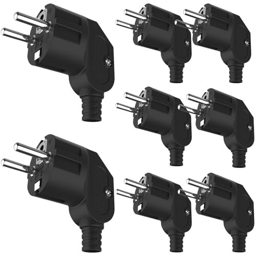 8 Stück Schuko Stecker, Schukostecker 250V (16A) mit Knickschutztülle, Plug Eurostecker für Innerhalb von 10 mm Kabel, Schukostecker Außenbereich, Schwarz Schuko Winkelstecker