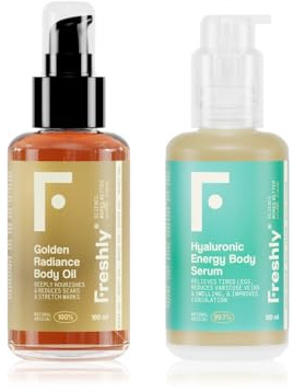 Freshly Cosmetics Olio per il corpo per una pelle nutrita e luminosa e siero per gambe stanche, insieme nello Smooth Body Pack. 100mlx2