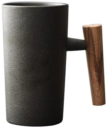 Tasse à café avec poignée en bois 220 ml ergonomique exquise en grès tasses vintage maison bureau tasse en céramique pour thé boissons eau, tasse en céramique noire tasses vintage tasses à café en grè