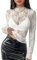 Women's Long Sleeve Lace Tops Mesh Tops Sheer Layering Top Sexy Mock Neck Floral See Through Shirt Blouse White XXL